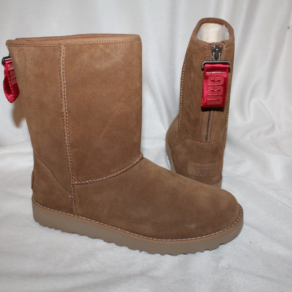 UGG CLASSIC SHORT LOGO ZIP UP SUEDE SHEARLING BOOTS CHESTNUT